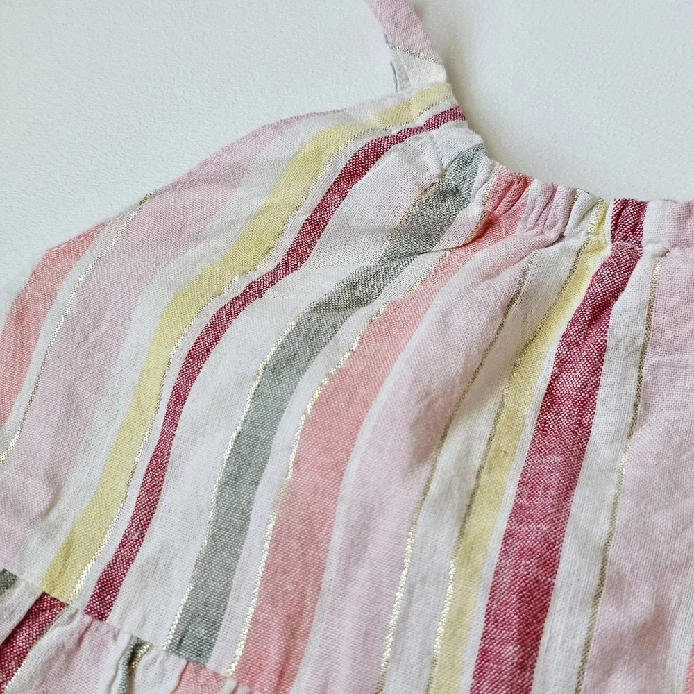 Gymboree 4T Girls Linen Cotton Striped Sundress Gold Metallic Thread Lined
